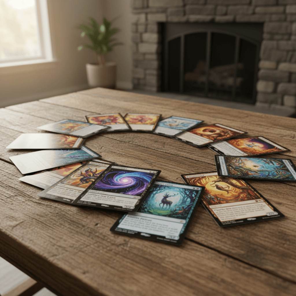 Custom Magic proxy cards with unique designs on a wooden table, warmly lit.