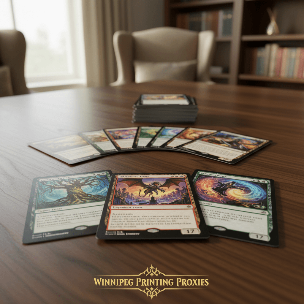 Premium 100-card Commander deck with custom artwork displayed on a wooden table.