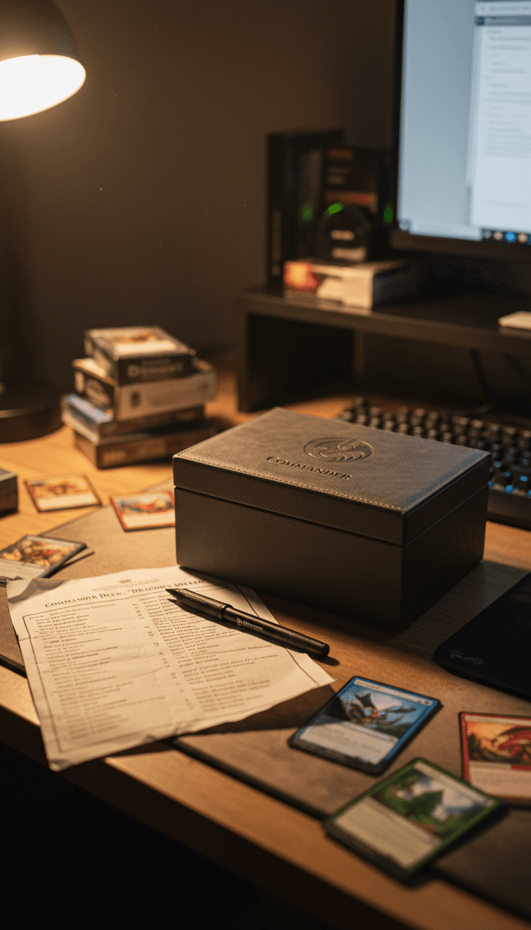 Completed Commander deck in box next to decklist and workspace