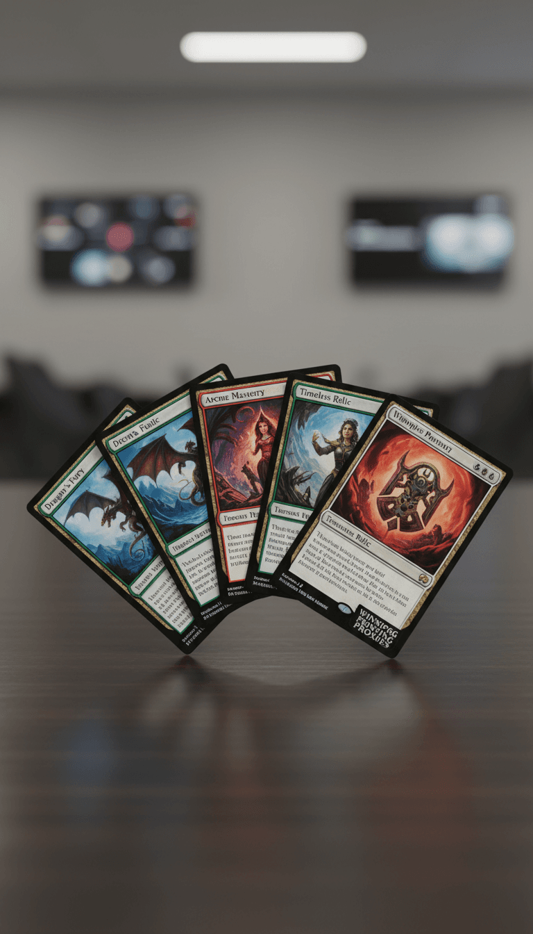 High-quality custom Magic: The Gathering proxy cards printed by Winnipeg Printing Proxies, fanned out to show vibrant artwork and crisp printing