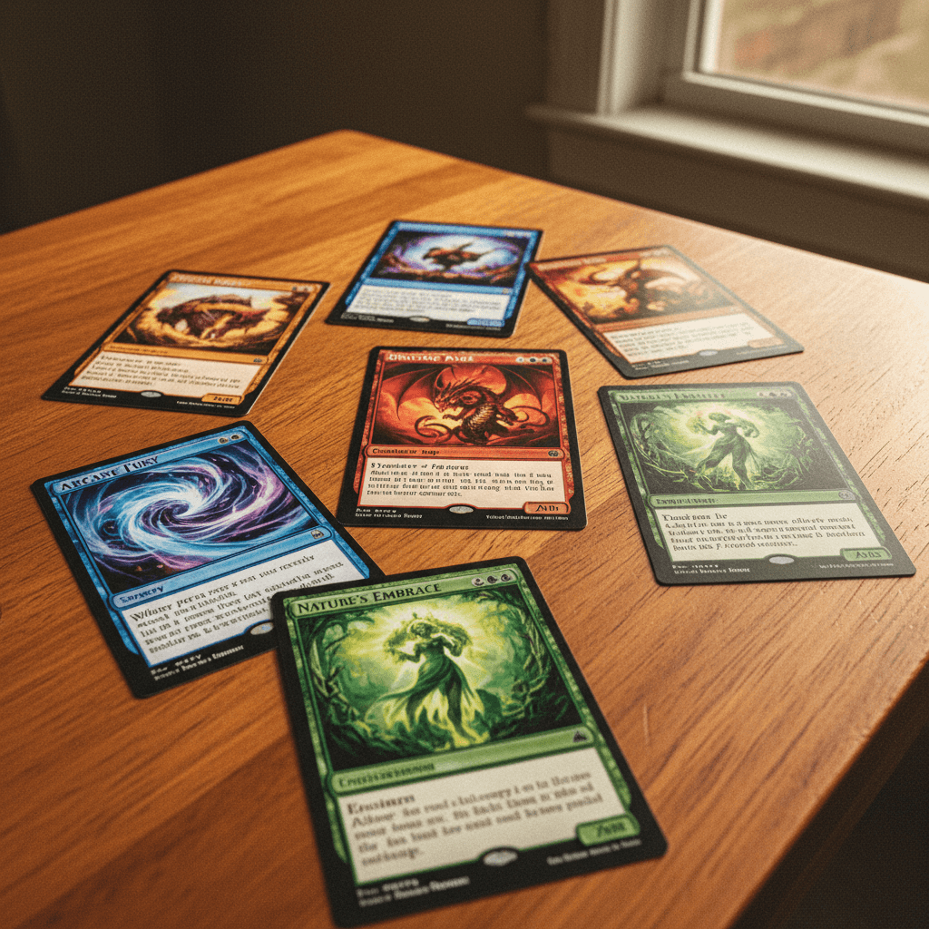 Custom printed Magic: The Gathering proxy cards fanned out on a gaming table