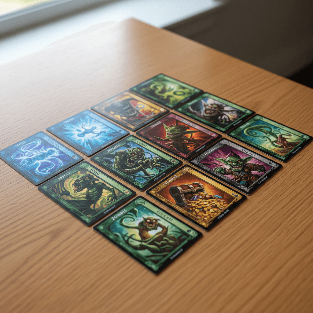Variety of printed Magic: The Gathering tokens spread on a wooden table, showcasing different token types.