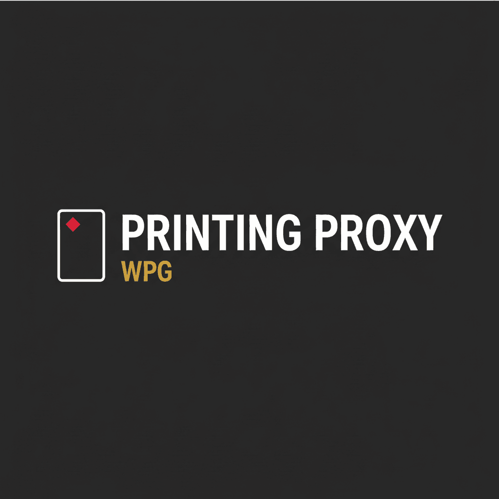 Printing Proxy logo with a white card outline, red diamond, and gold WPG text.
